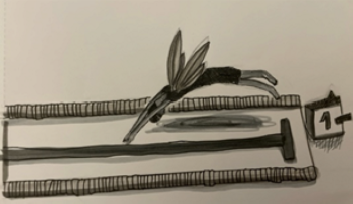 Zeichnung auf der eine Elfe mit Flügeln vom Startblock springt
