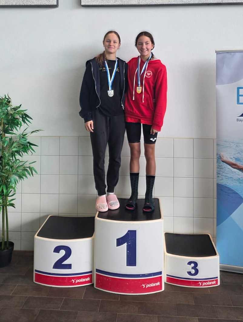 Zwei Schwimmerinnen auf dem Podest
