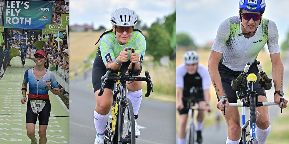 Drei Triathleten in Aktion beim Rad fahren und Rennen