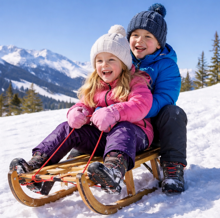 Junge und Mädchen auf holzschlitten